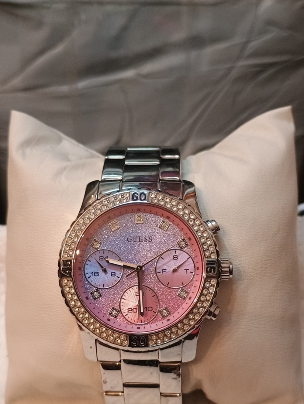 GUESS Confetti Pink Ombre Glitter Dial Watch W0774L1 - Crystal Bezel